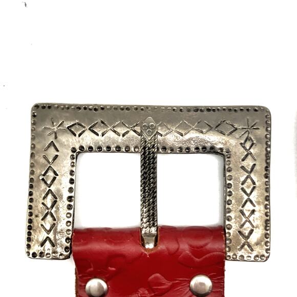Vintage French Red Tooled Leather Belt w/ Sculptural Silver Buckle & Keeper 80s - Picture 6 of 14